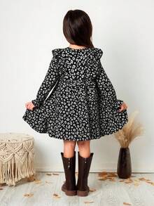 Young Girl Ditsy Floral Ruffle Trim Puff Sleeve Casual Dress - Black - View 2