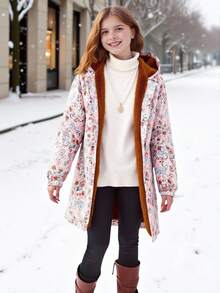 Girls' Casual Comfortable Versatile Everyday Hooded Floral Print Jacket - Apricot - View 4