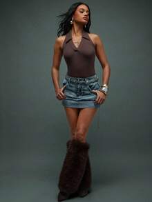 Hauture Women's Sexy Casual Going Out Low Back And Halter Fold Over Collar Rib Bodysuit - Brown - View 4