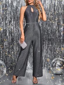SHEIN Clasi Women's Elegant Gray High-End Cinched Waist Metallic Yarn Halter Jumpsuit,70s Retro Sparkly Wide Leg Pants For Autumn,Party,Night Out,Valentine's Day - Silver - View 5