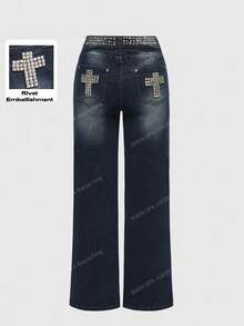 ROMWE Grunge Punk Y2K Punk Rivet Waistband Cross Decor Distressed Vintage Wash Skinny Flare Jeans - Dark Grey - View 1