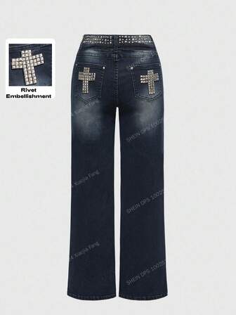 Grunge Punk Y2K Punk Rivet Waistband Cross Decor Distressed Vintage Wash Skinny Flare Jeans