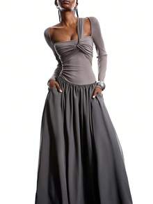 LYSMO 2025 New Arrive Minimalism Winter Women's Fashion Commuter Color Block Patchwork Long Dress - Grey - View 6