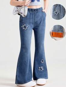 Tween Girls' Thermal Lined Star Embroidered Flare Jeans,Vintage Washed Blue Denim,Winter,School,Back-To-School,Streetwear,Blue And Orange,Non-Stretch - Blue - View 3