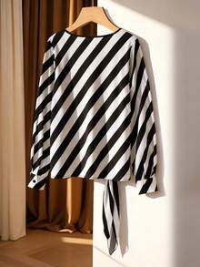 SHEIN Franclia Gestreiftes Damen Hemd mit Rundhalsausschnitt, Langarm und Bindedetail am Saum - Aprikosenfarben - Übersicht 2