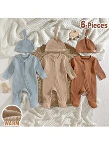 Loomiva 6pcs/Set Newborn Baby Boy/Girl Simple Solid Color Casual Outfit Gift Set, Romper, Hat - Multicolor - View 4