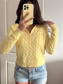 Sunnyshic Áo len dệt kim dài tay có dây rút thường ngày dành cho nữ, màu vàng nhạt, mùa thu/đông - Màu vàng - Xem 6