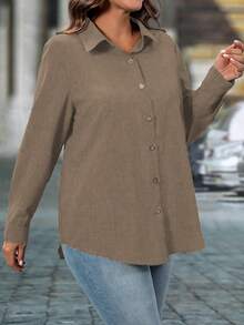 大码女式纯色梭织休闲宽松长袖衬衫，秋冬女式衬衫 - 卡其色 - 查看 5