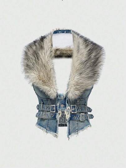 Hippie جاكيت جينز للنساء مع طوق فرو اصطناعي قابل للإزالة