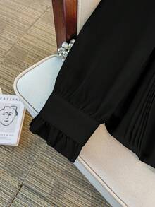 GlowEve CURVE Plus Size Women Long Sleeve Mandarin Collar Striped Casual Solid Color Ruffle Cuff Blouse, Suitable For Daily Commute Fall - Black - View 5