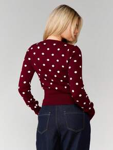 MISSGUIDED Fitted Cropped Cardigan With White Polka Dot Pattern Long Sleeve Button Up Sweater Christmas - Burgundy - View 2