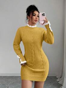 Lyxana Gaun Musim Gugur/Dingin Lengan Panjang dengan Tali Kepang, Kerah Bulat, dan Hiasan Renda, Warna Aprikot - Kuning - View 4