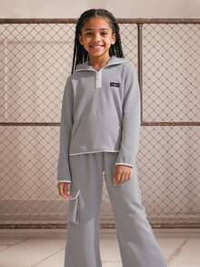 Explorewe 2pcs/Set Girls Casual Hoodie Sweatshirt And Flare Pants Set, Gray Long Sleeve Sweatshirt With Pockets And Flared Trousers For Everyday Wear - Grey - View 3