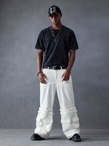 ROMWE MEN Street Life Quần jeans ống rộng ống rộng có túi màu sáng dành cho nam - trắng - Xem 5