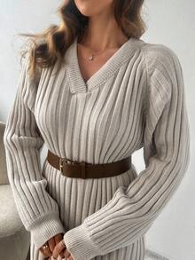 EURMUSE Women Solid Color Deep V-Neck Rib Knit Slit Detailed Long Sweater Dress,Winter Dresses - Beige - View 6