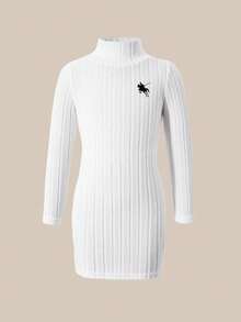 SHEIN Explorewe Girls Colorblock Embroidered Mock Neck Long Sleeve Dress - White - View 4
