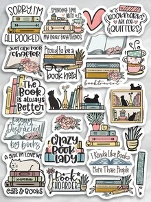 SHEIN Basic living Back To School 2 Sets Of 22 Designs Cartoon Book Cat Book Hoarder Stationery Assorted Stickers Cute Book Lover Bookworms Reading Girl Quote Teacher Stickers - Multicolor - View 1