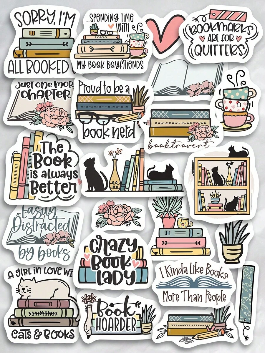 SHEIN Basic living Back To School 2 Sets Of 22 Designs Cartoon Book Cat Book Hoarder Stationery Assorted Stickers Cute Book Lover Bookworms Reading Girl Quote Teacher Stickers - Multicolor - View 1
