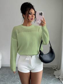 SHEIN Clasi 女式纯色圆领镂空宽松套头毛衣 - 綠色 - 查看 4