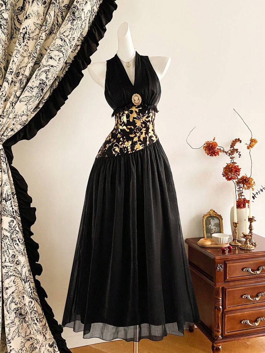 Vintamour 复古优雅女装 花卉箔欧根纱蕾丝拼布胸针装饰派对礼服 女式冬装 女式冬装 女式秋装 秋装 女式万圣节服装 女式万圣节服装 圣诞女装 女式圣诞服装 女式圣诞装 圣诞派对礼服 女式优雅连衣裙 女式优雅连衣裙 派对优雅连衣裙 亮片连衣裙 闪亮连衣裙 黑色连衣裙 - 黑色 - 查看 1