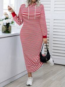 Elenzga Vestido de sudadera casual con capucha con cordón y manga larga a rayas para mujer de talla grande - Rojo - Ver 1