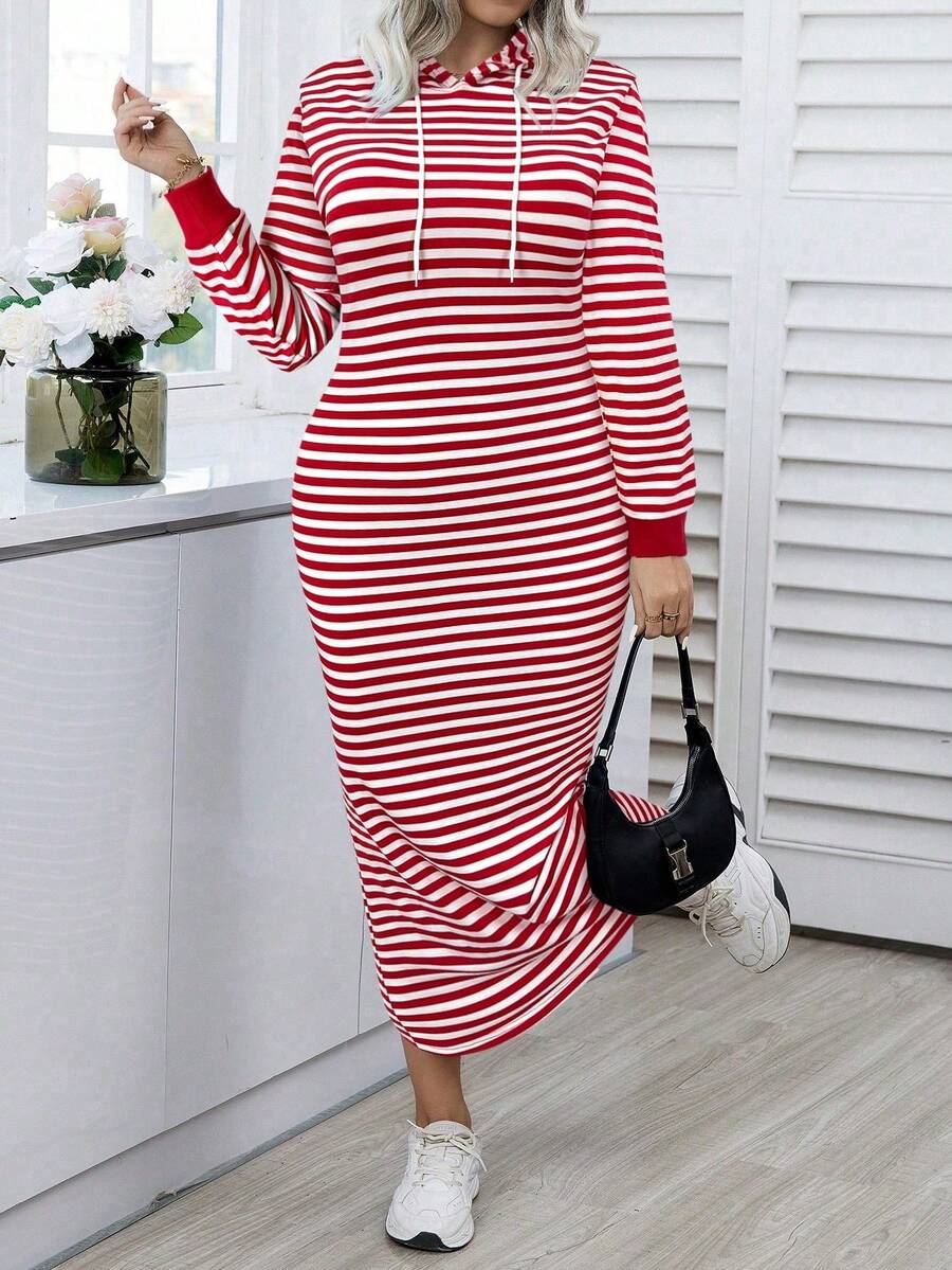 Elenzga Vestido de sudadera casual con capucha con cordón y manga larga a rayas para mujer de talla grande - Rojo - Ver 1