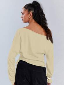 Athîral 女士休闲纯色不对称领抽绳上衣，秋季 - 杏色 - 查看 7