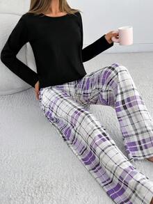 EURMUSE Plaid Pajama Set – Cozy Black Long Sleeve Top & Purple Check Pants Loungewear - Purple - View 3
