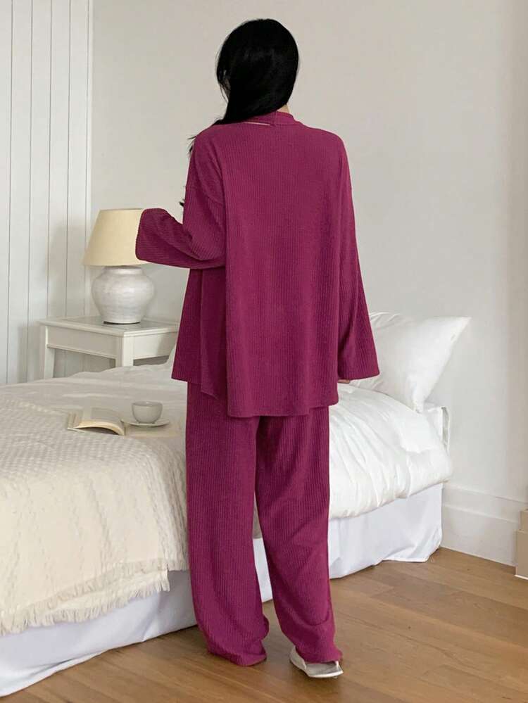 3pcs/Set Women Fleece Ribbed Knit Robe, Tank Top And Pants Cozy Loungewear Set, Winter