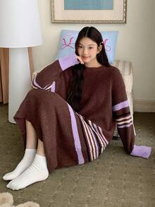 DAZY Striped Loose Long Sleeve Knitted Nightgown, Women Sleepwear Dress For Autumn/Winter Pajama - Brown - View 4