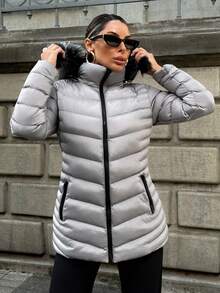EURMUSE Women Solid Color Zipper Front Pocket Detailed Flurry Hooded Winter Coat - Grey - View 5