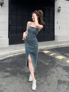 DAZY Women's Fashionable Denim Suspender Midi Dress With Slit - Dark Wash - View 5