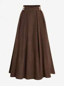 Franclia Gonna a vita alta e ampia per taglie forti, elegante per ufficio/casual/appuntamenti, decorata con bottoni dorati/color caffè, gonna lunga modesta di colore marrone scuro, gonna a campana marrone scuro, gonna marrone cioccolato - Caffè Marrone - Visualizzare 3