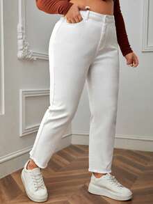 SHEIN Tall CURVE Plus Size Women Casual Solid Color Raw Hem Skinny Jeans