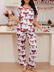 SweetSlumber Cute Bow Print Women Pajama Set - Burgundy - View 5