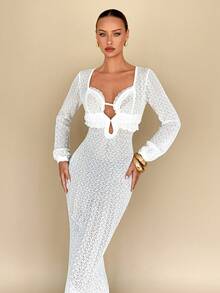 Chiquease Sexy Ruffled Hem Sheer Patchwork Long Sleeve Dress - White - View 4