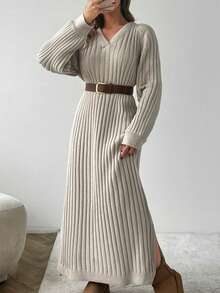 EURMUSE Women Solid Color Deep V-Neck Rib Knit Slit Detailed Long Sweater Dress,Winter Dresses - Beige - View 4