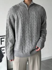 DAZY Men's Gray Half-Zip Solid Color Sweater, Autumn/Winter - Light Grey - View 4