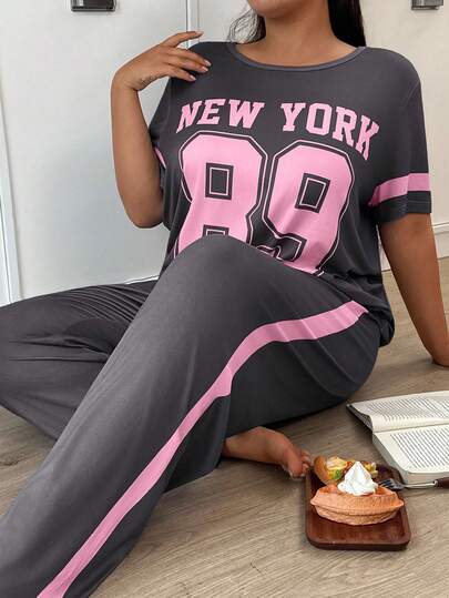 Plus Size Casual Numeric Slogan Pajama Set