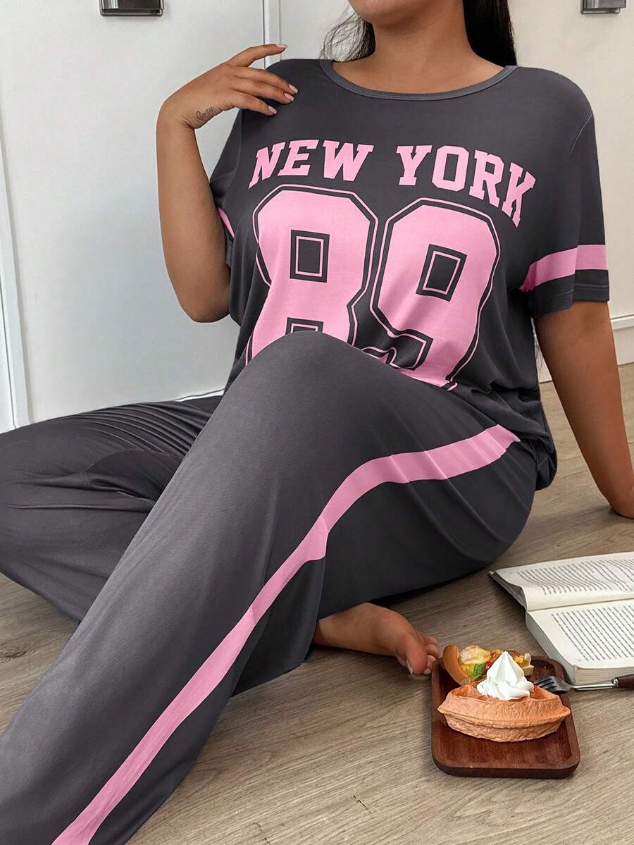 Plus Size Casual Numeric Slogan Pajama Set - Army Green - View 1