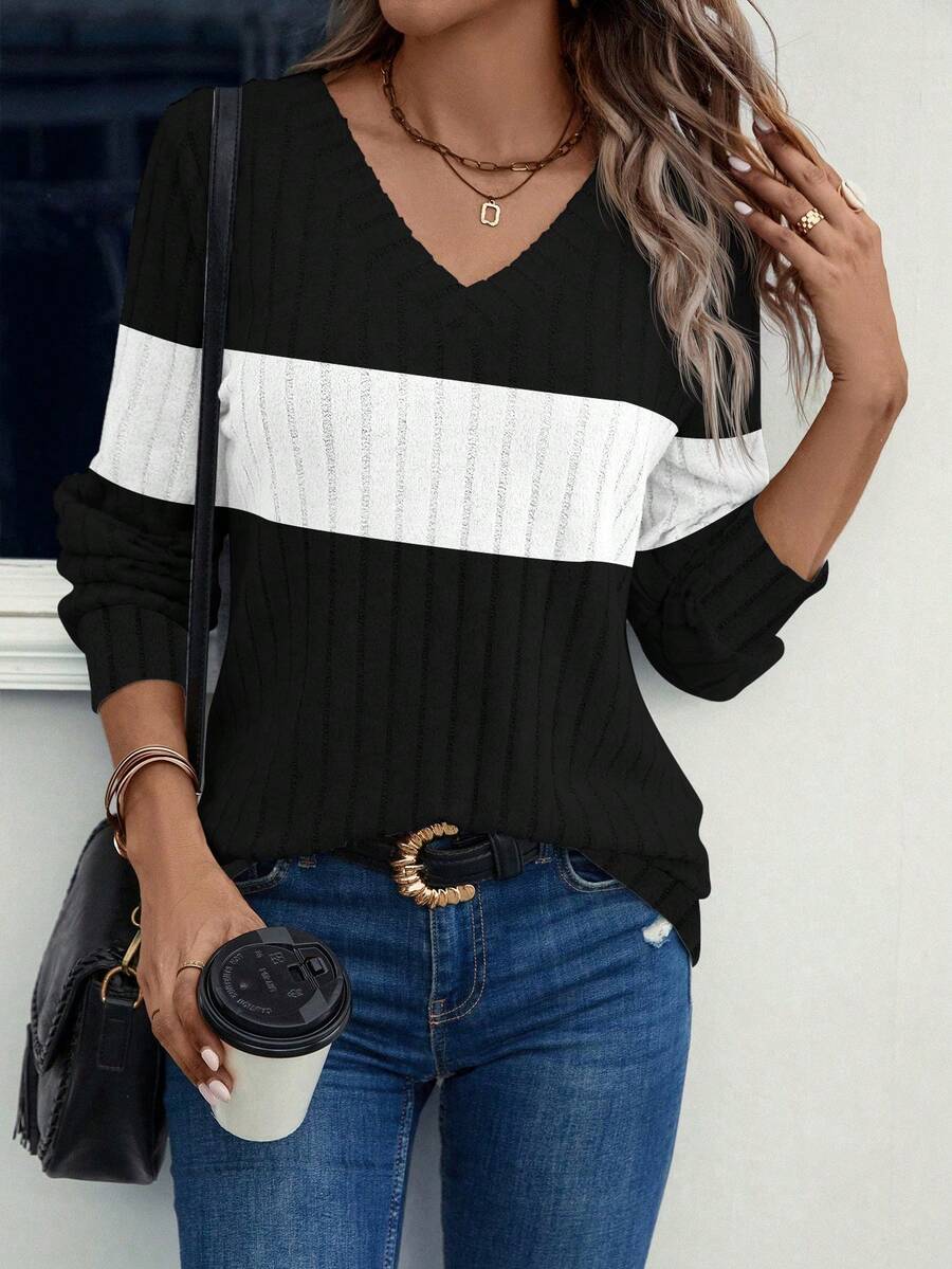 EMERY ROSE Women's Contrast V-Neck Ribbed Casual Pullover Sweatshirt - Black - View 1