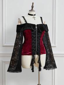 ROMWE Goth 大码哥特式优雅奢华露肩吊带蕾丝喇叭袖系带拼接撞色衬衫，秋冬大码哥特式奢华复古女式上衣 - 彩色 - 查看 6