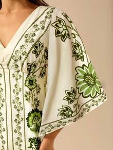 CAJUNI Váy hè thường ngày hở lưng, cổ chữ V, tay cánh dơi, họa tiết hoa cận nhiệt đới Bohemian dành cho nữ, màu xanh lá cây, váy mùa hè, trang trại - màu xanh lá - Xem 6