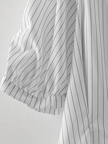 SHEIN LUNE 秋季大码休闲条纹褶皱泡泡袖衬衫 - 黑與白 - 查看 3