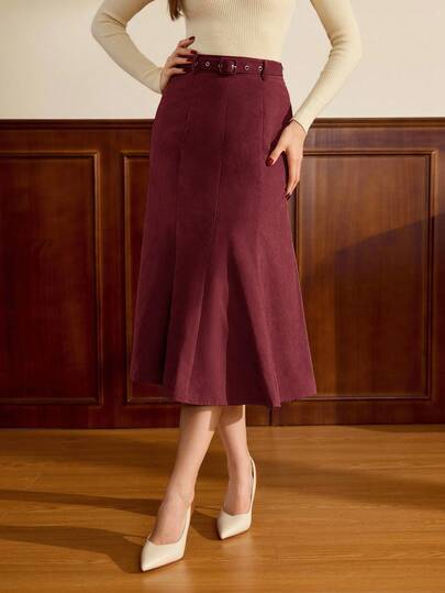 Vintamour 复古经典优雅女裙秋冬合身腰带鱼尾下摆铅笔裙咖啡色长裙