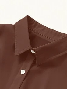 INAWLY Plus Size Women's Solid Color Long Sleeve Single-Breasted Casual/Work Shirt Fall - Coffee Brown - View 4