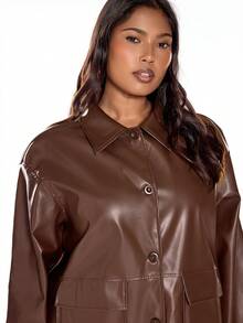 Solavibe Abrigo casual de talla grande para otoño/invierno, chaqueta de mujer casual y versátil de manga larga, de piel sintética marrón con textura moteada, ideal para Acción de Gracias, Navidad, otoño/invierno, nueva chaqueta casual suelta y gruesa de PU para mujer de talla regular - Café integral - Ver 5
