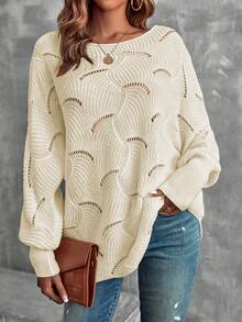 EMERY ROSE Women's Fashion Casual Hollow Out Crew Neck Long Sleeve Sweater - Apricot - View 3