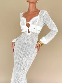 Chiquease Sexy Ruffled Hem Sheer Patchwork Long Sleeve Dress - White - View 3