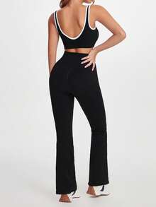 SHEIN Sports Bộ quần ống loe ôm vừa vặn và áo ngực thể thao viền tương phản dành cho nữ - màu đen - Xem 2
